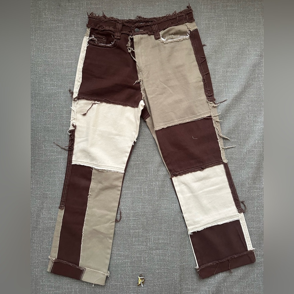 Patchwork Boyfriend Pants Brown Tan Cream Distressed Raw Edge Y2K Grunge Sz W 30 - Picture 10 of 16